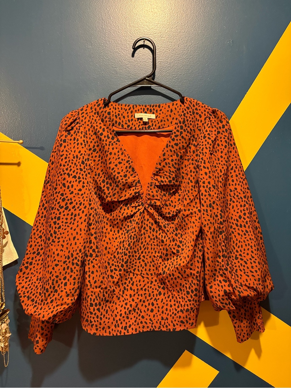Skies Are Blue Burnt Orange & Black Animal Print V-Neck Blouse NWOT
